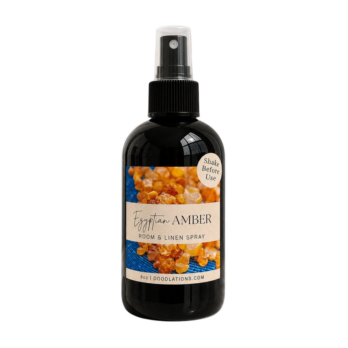 Doodlations Coffee Bar & Boutique Egyptian Amber luxury room and linen spray in an 8oz black bottle