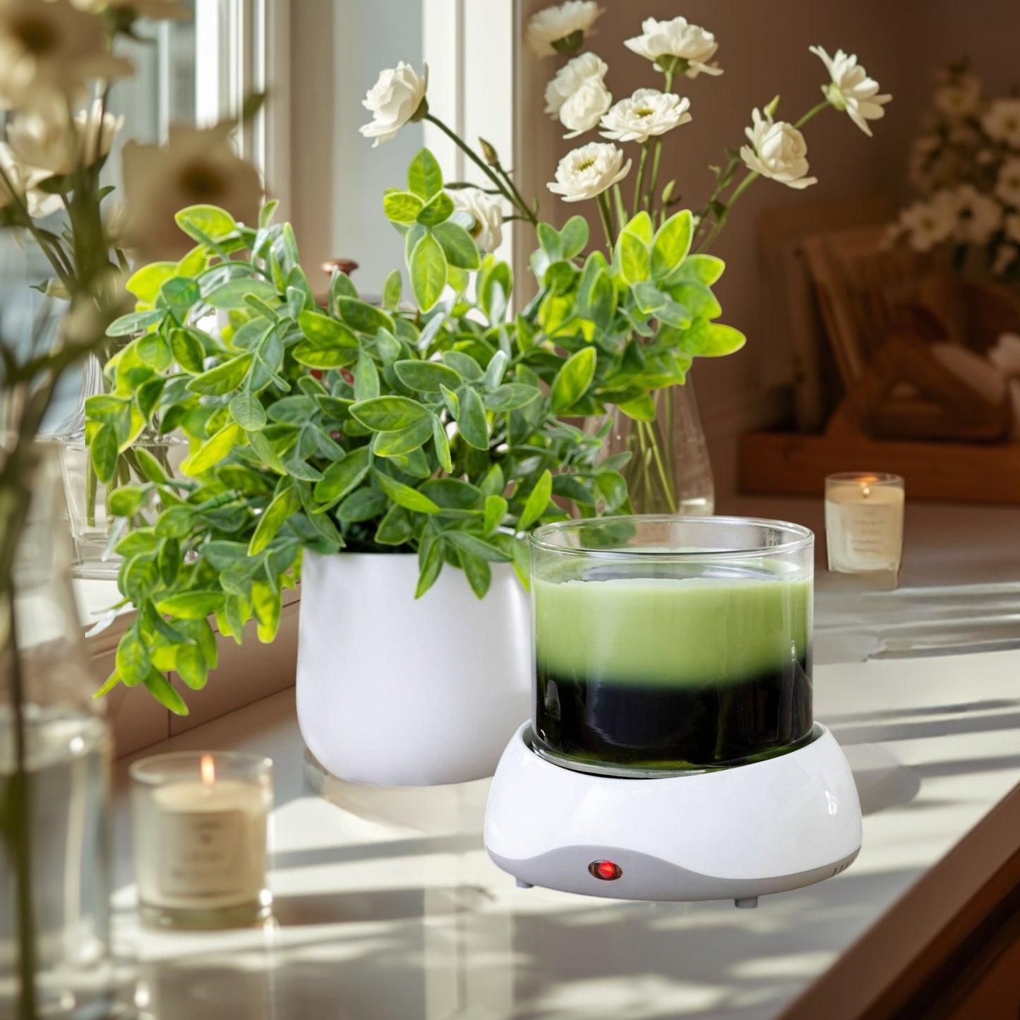 Doodlations Coffee Bar & Boutique white and gray electric candle warmer plate with a green and black candle.