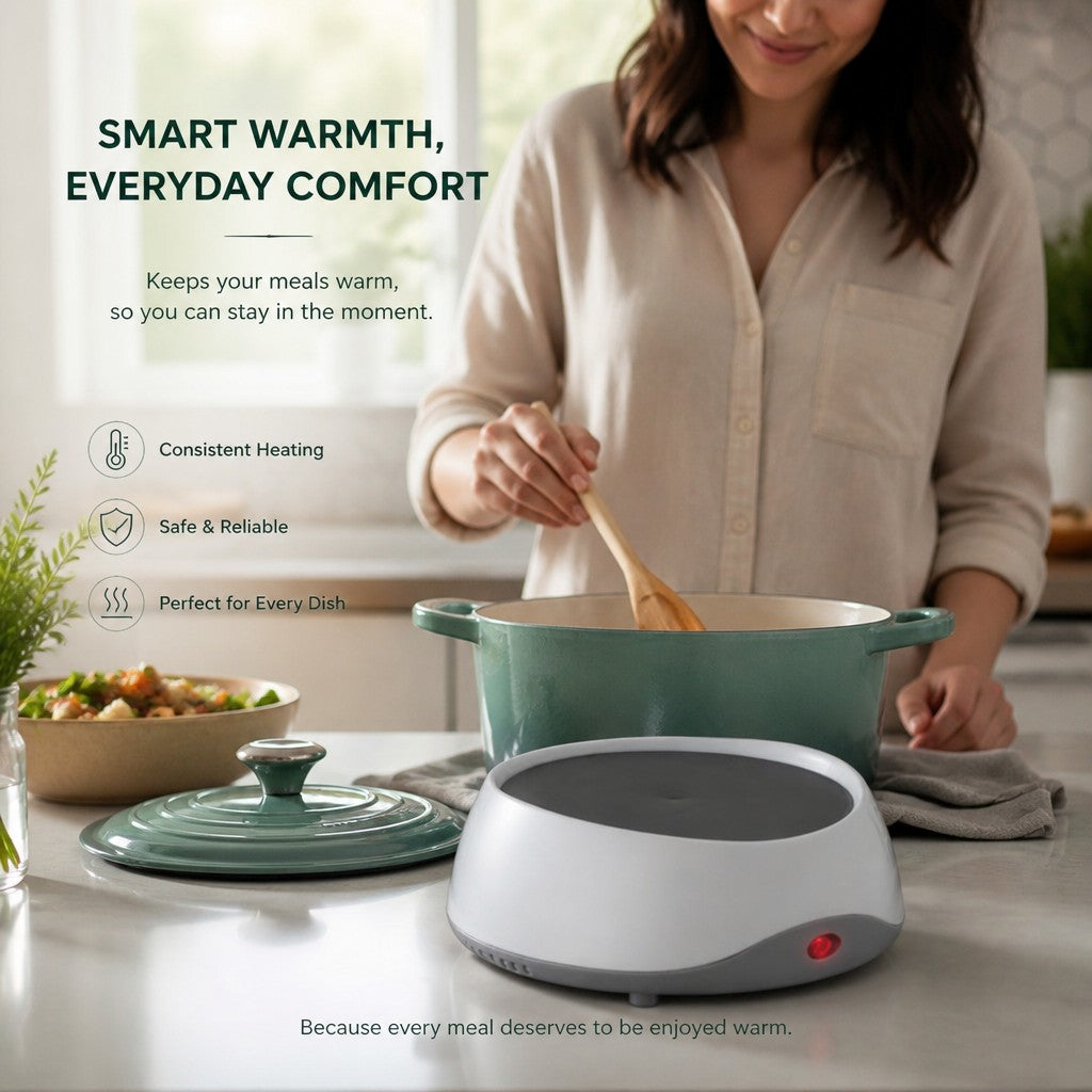 Doodlations Coffee Bar & Boutique electric warming plate in white and gray on a kitchen counter with a cooking pot