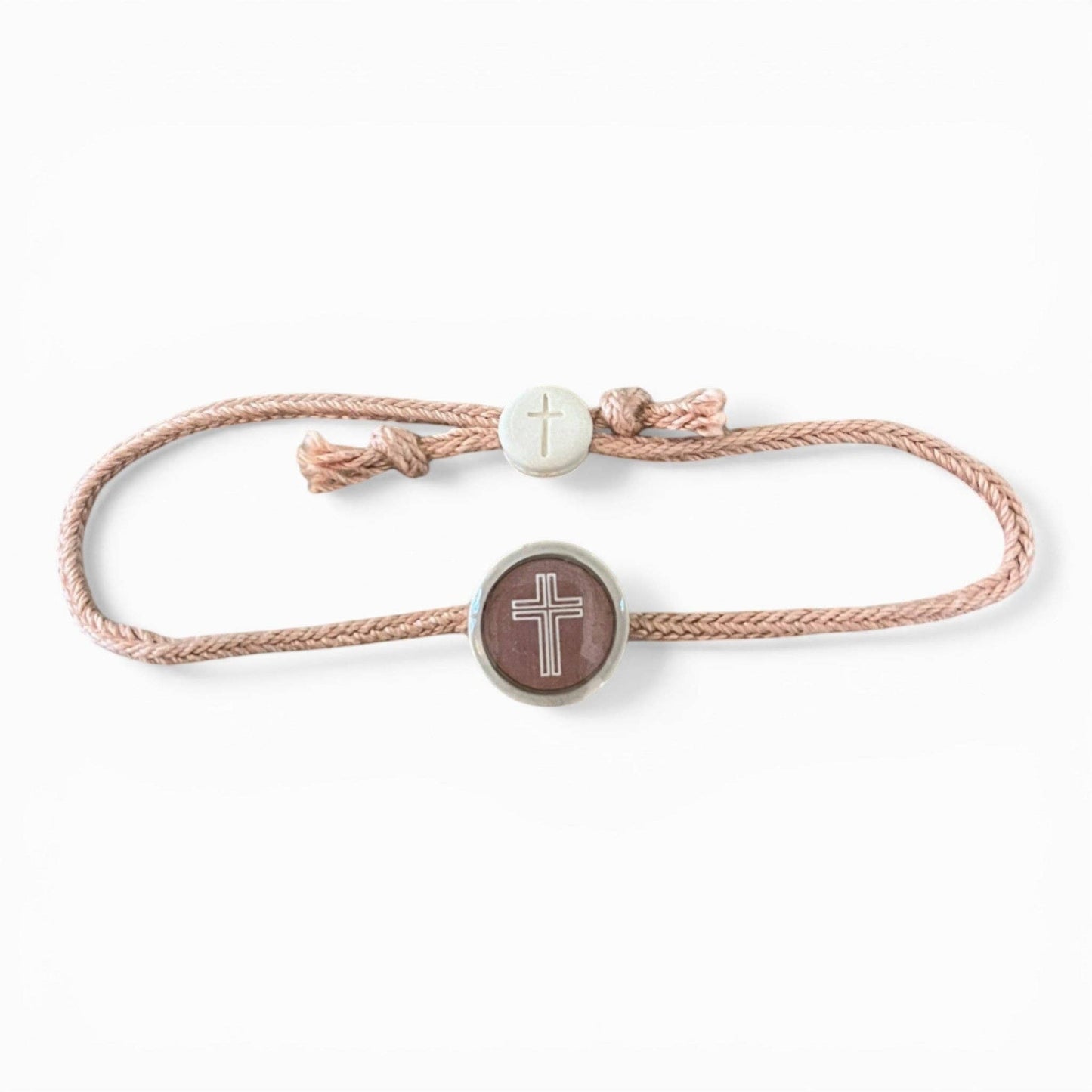 Doodlations Coffee Bar & Boutique faith bracelet with cross charm on rose gold cord, NFC enabled.