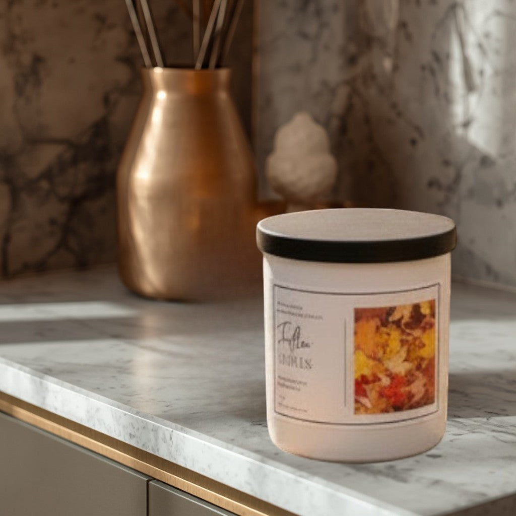 Doodlations Coffee Bar & Boutique Fallen Leaves luxury boutique candle with realistic wax leaves and autumn scent.