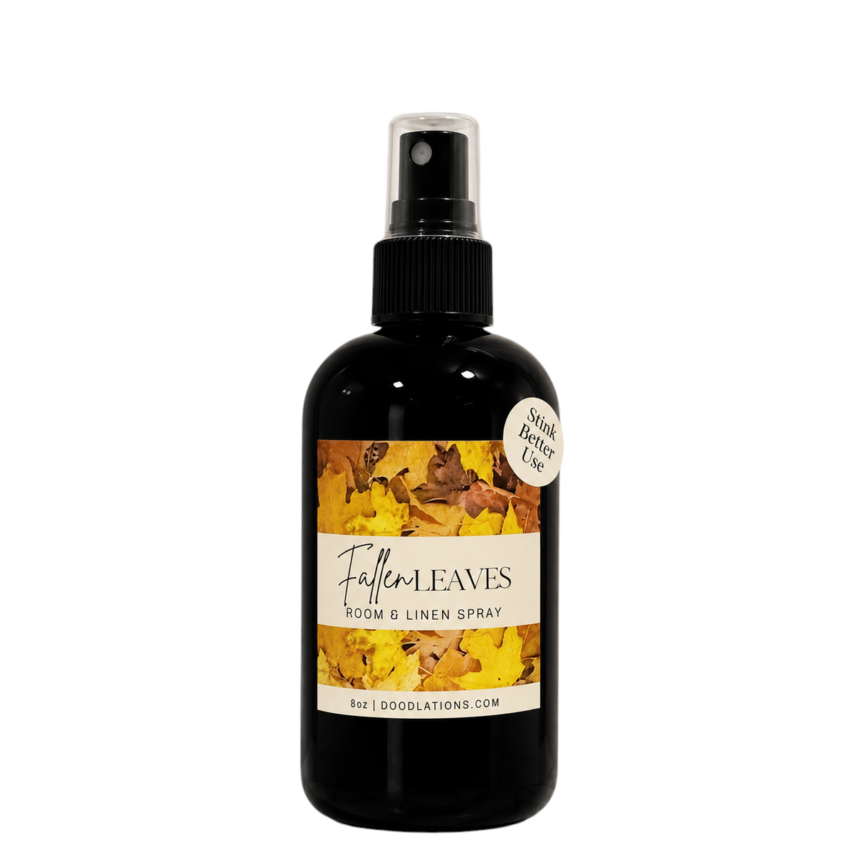 Doodlations Coffee Bar & Boutique Fallen Leaves room and linen spray in a black bottle with autumn leaf label design.