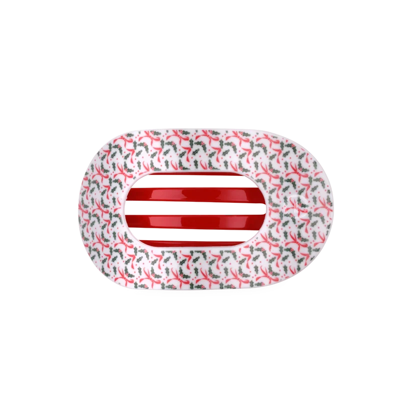 Doodlations Coffee Bar & Boutique Teleties flat round hair clip with festive red ribbon and holly leaf holiday pattern