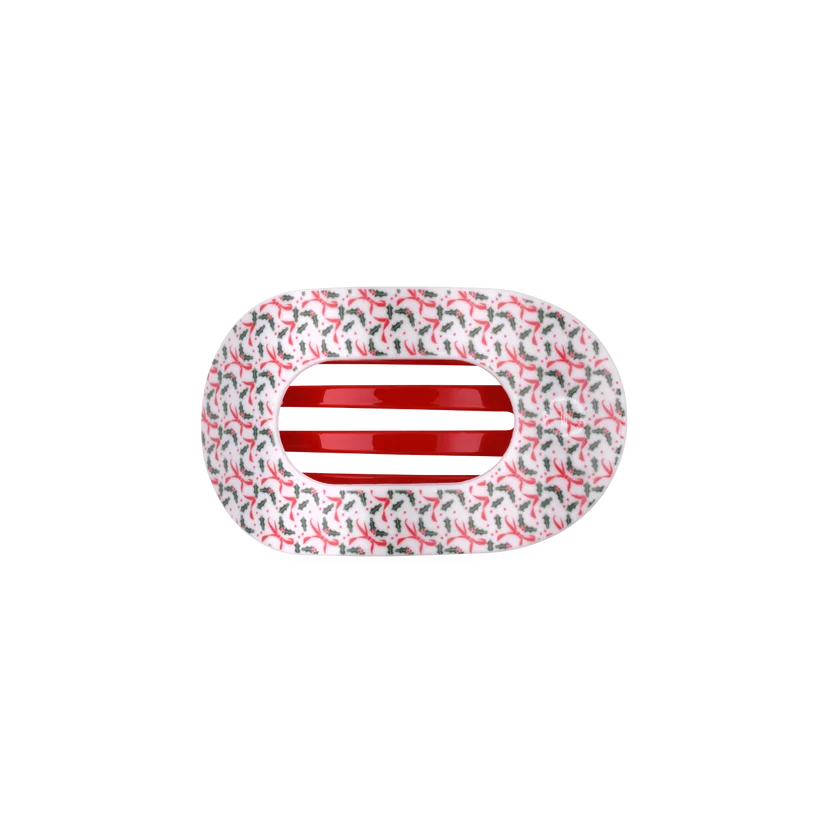 Doodlations Coffee Bar & Boutique Teleties flat round hair clip featuring a festive holiday holly and ribbon pattern