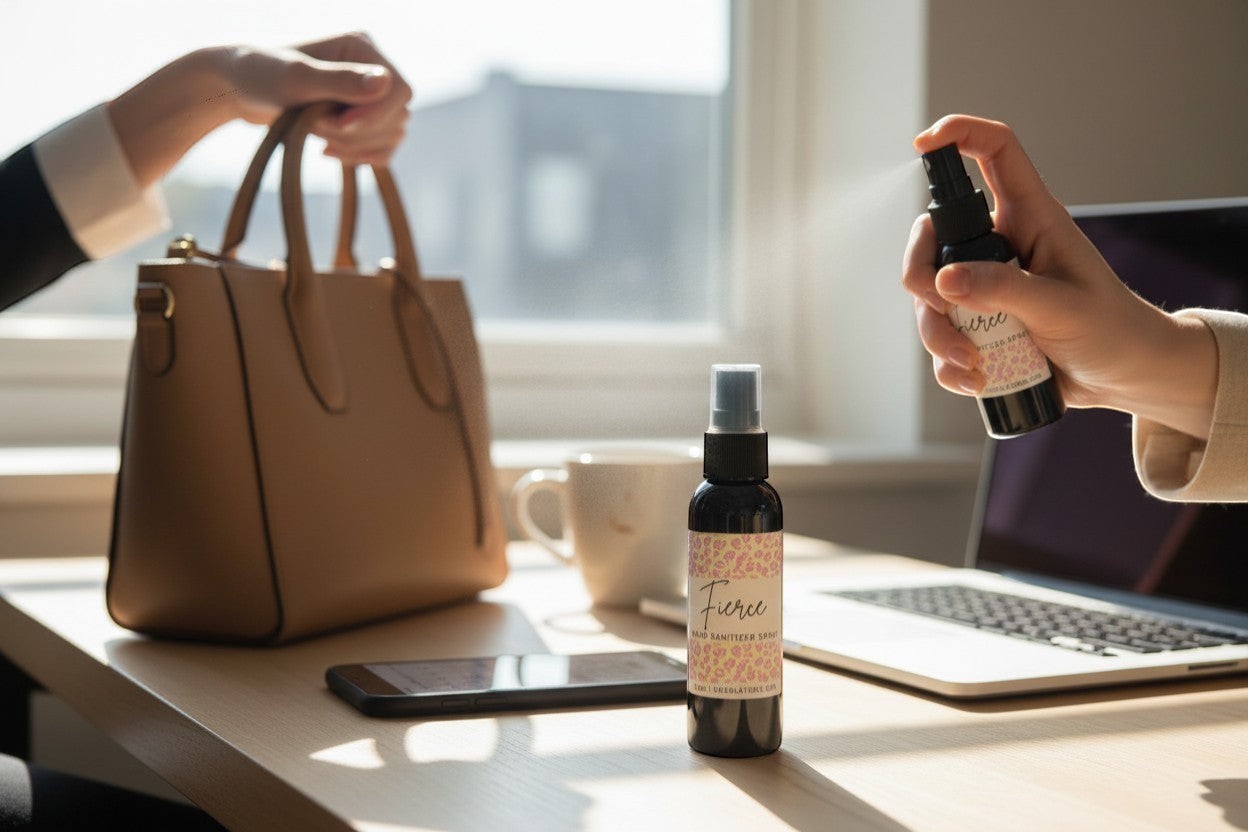 Doodlations Coffee Bar & Boutique Fierce hand sanitizer spray bottle on a desk next to a laptop and handbag.