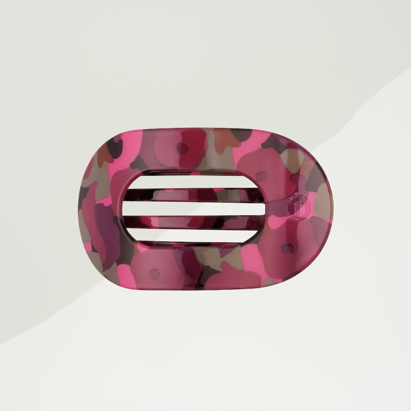 Doodlations Coffee Bar & Boutique Teleties flat round hair clip in a pink and brown camouflage floral pattern