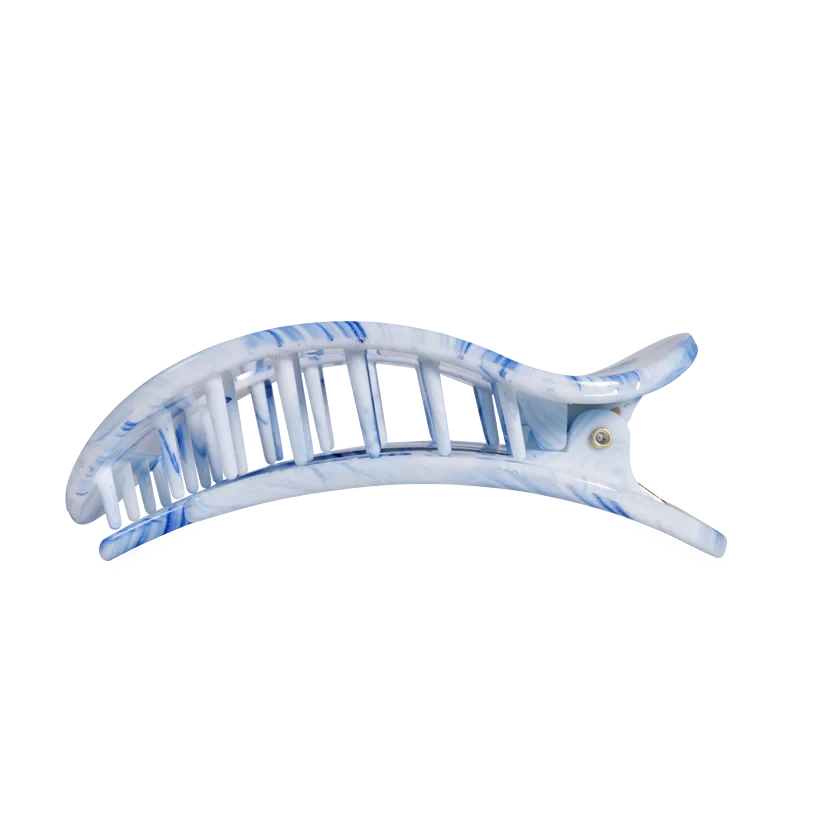 Doodlations Coffee Bar & Boutique flat round hair clip in a blue and white marbled design for comfortable all-day wear