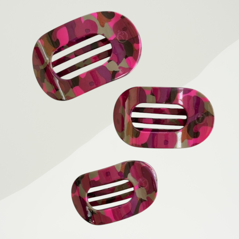 Doodlations Coffee Bar & Boutique Teleties Garden Glam flat round hair clips in a pink and green camo pattern