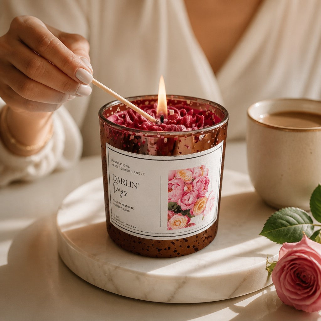 Doodlations Coffee Bar & Boutique Darlin' Days floral candle with pink rose wax topping being lit on a marble tray.