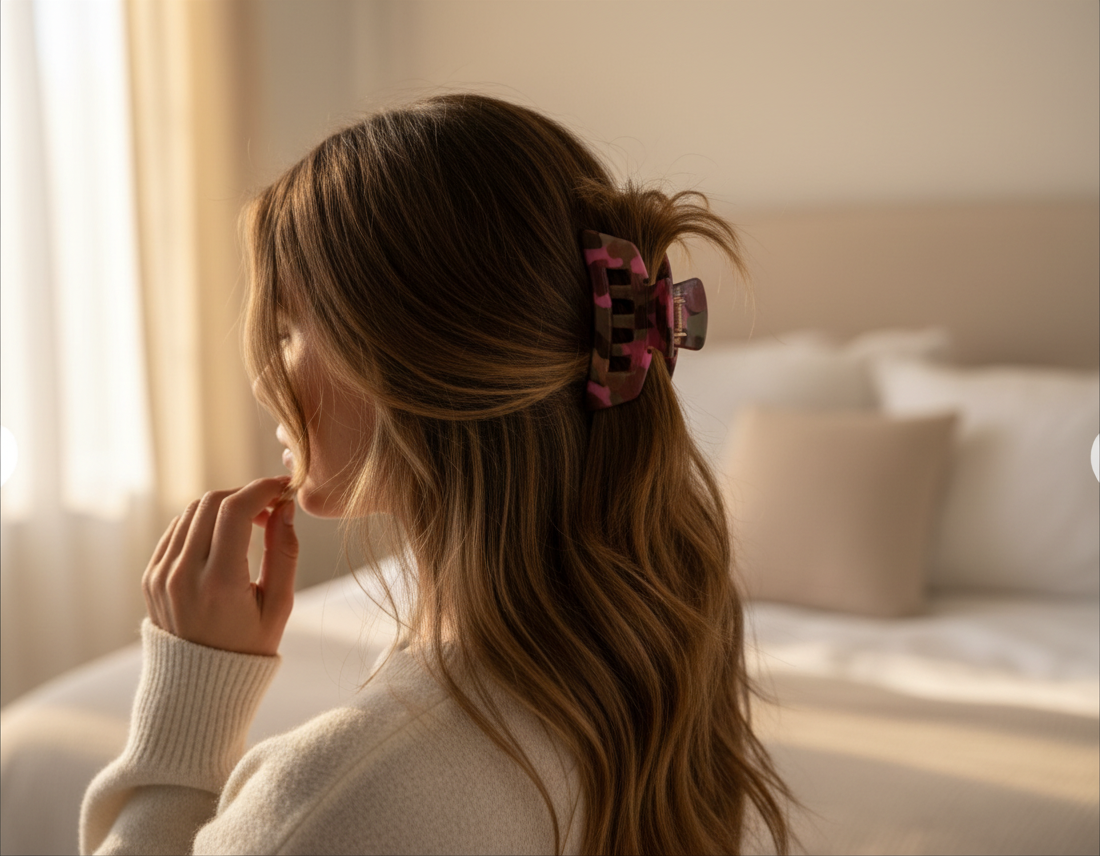 Doodlations Coffee Bar & Boutique Teleties Classic Garden Glam floral claw clip in a woman's half-up hairstyle