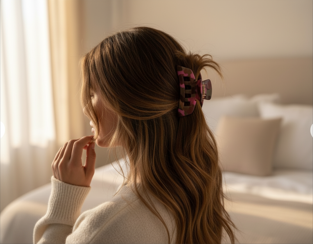 Doodlations Coffee Bar & Boutique Teleties floral claw clip in cream with sage, plum, and rose print in long hair