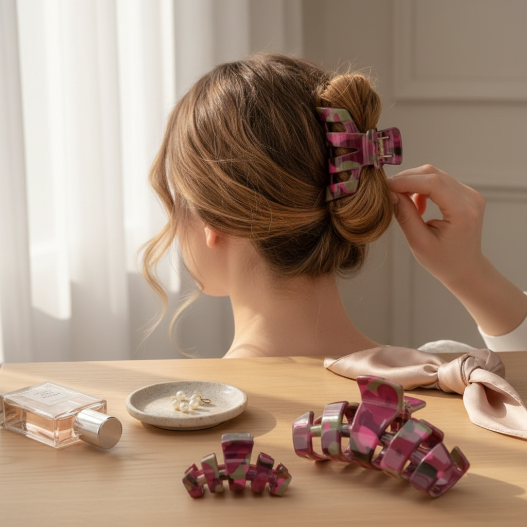 Doodlations Coffee Bar & Boutique Teleties Garden Glam floral claw clip in cream, sage, and plum worn in a hair bun