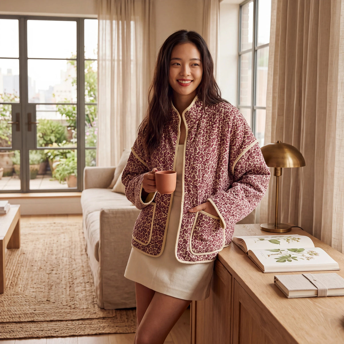 Doodlations Coffee Bar & Boutique floral quilted zip-up jacket with cream piping worn by a woman holding a mug
