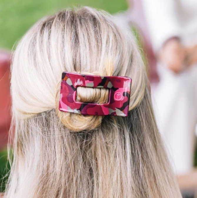 Doodlations Coffee Bar & Boutique Teleties flat rectangular hair clip with a floral print in sage, plum, and rose.