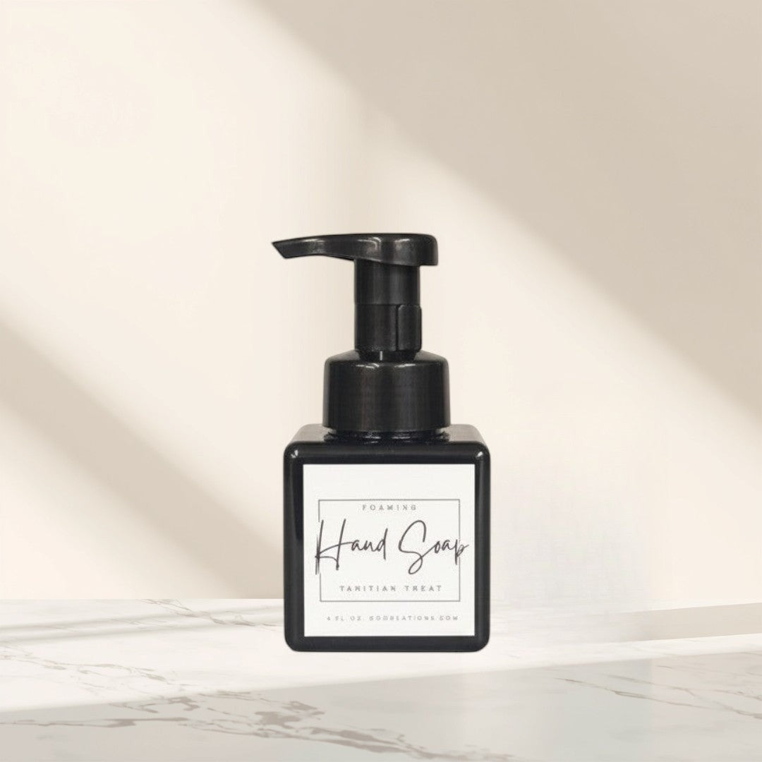 Doodlations Coffee Bar & Boutique Tahitian Treat foaming hand soap in a black square bottle with a white label.