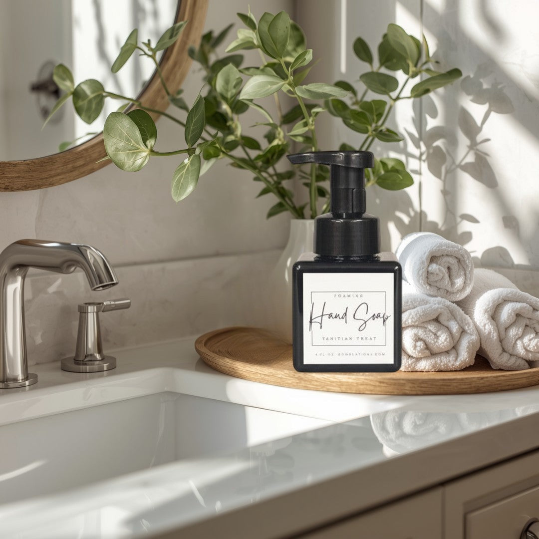 Doodlations Coffee Bar & Boutique Tahitian Treat foaming hand soap in a black square bottle with a white label.