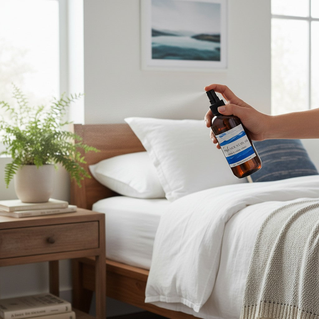 Hand spraying Doodlations Coffee Bar & Boutique Fresh Mountain Air room and linen spray in a cozy bedroom setting.