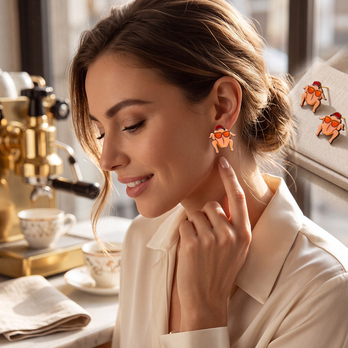 Doodlations Coffee Bar & Boutique Friends turkey earrings with sunglasses and hats worn by a woman in a cafe setting.