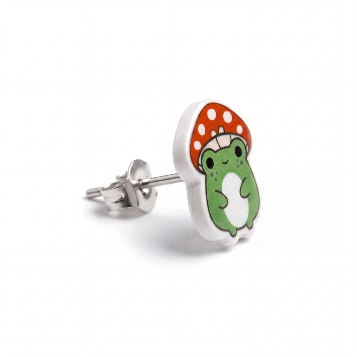 Doodlations Coffee Bar & Boutique handmade frog and mushroom stud earring with titanium post on white background