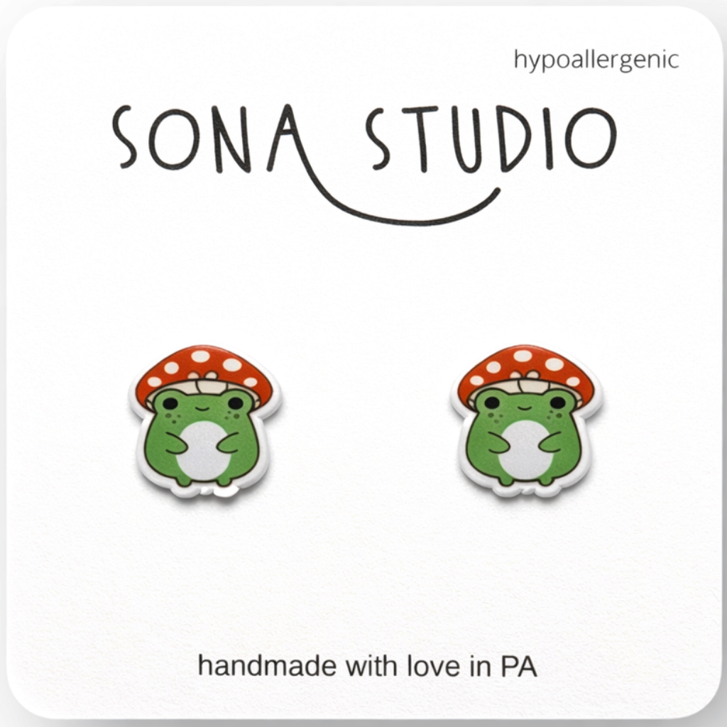 Doodlations Coffee Bar & Boutique handmade frog and mushroom stud earrings with hypoallergenic titanium posts