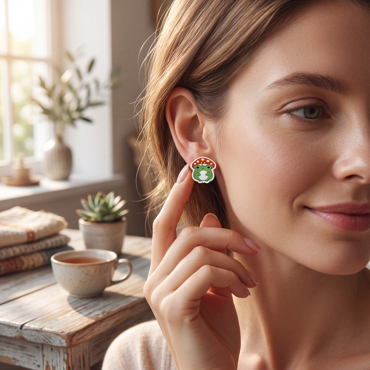 Doodlations Coffee Bar & Boutique handmade frog and mushroom stud earrings worn by a woman in a cozy room.