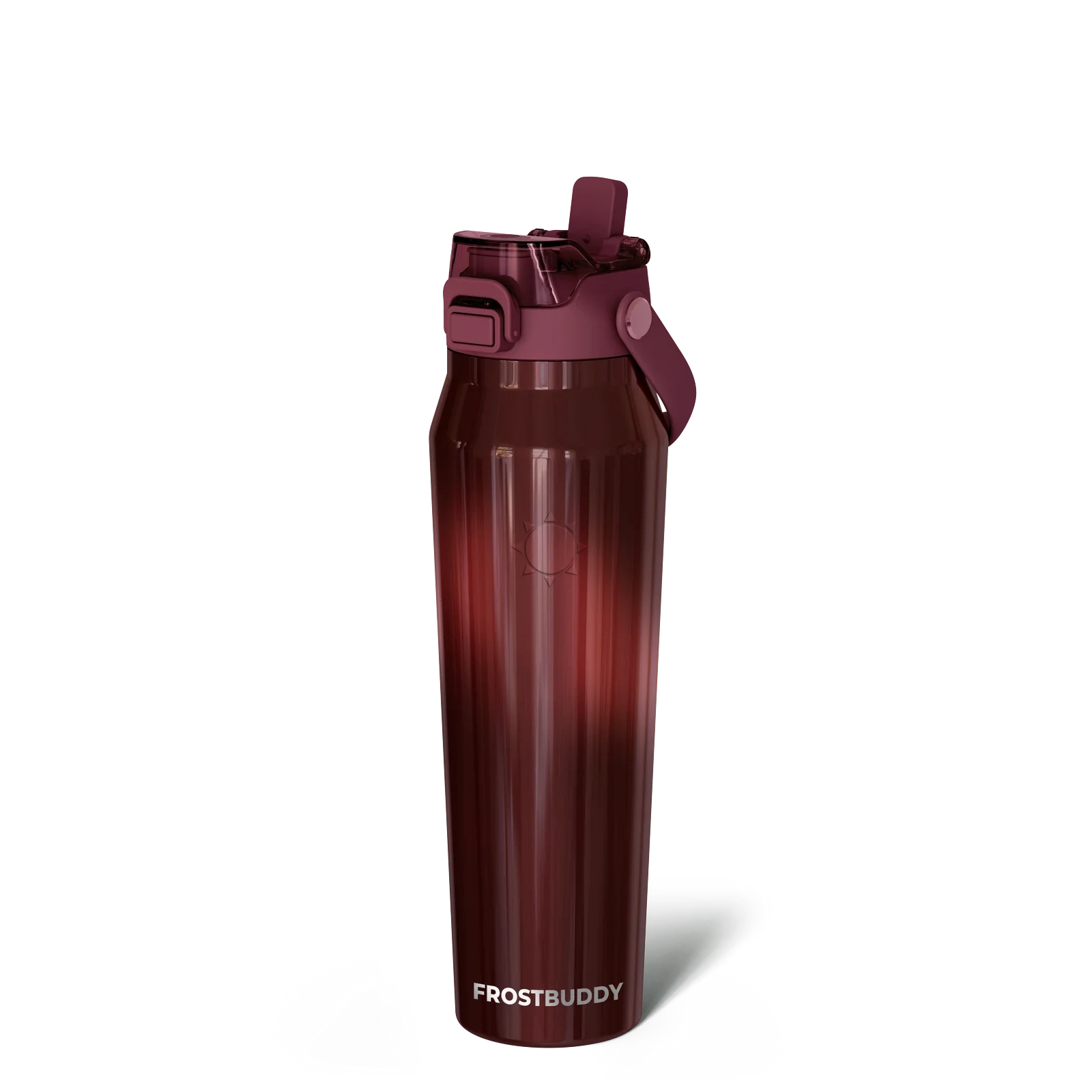 Doodlations Coffee Bar & Boutique Frost Buddy 32oz bottle in dark red with a flip-top straw lid and detachable strap.