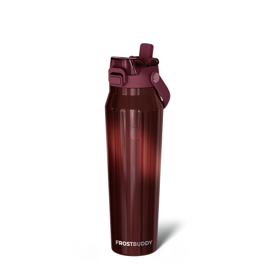 Doodlations Coffee Bar & Boutique Frost Buddy 32oz bottle in dark red with a flip-top straw lid and detachable strap.
