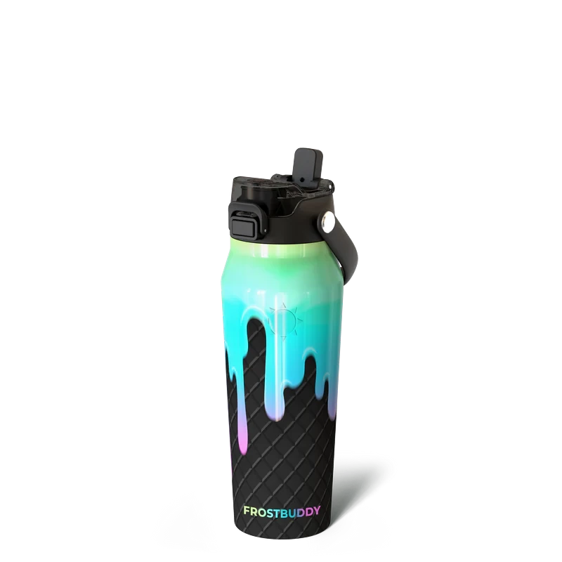 Doodlations Coffee Bar & Boutique Frost Buddy 24oz bottle with drip design in green, blue, and pink. Features straw lid and handle.