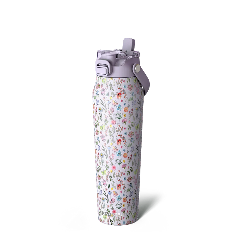 Doodlations Coffee Bar & Boutique Frost Buddy 32oz bottle with a floral print and purple lid, featuring a straw and chug lid.