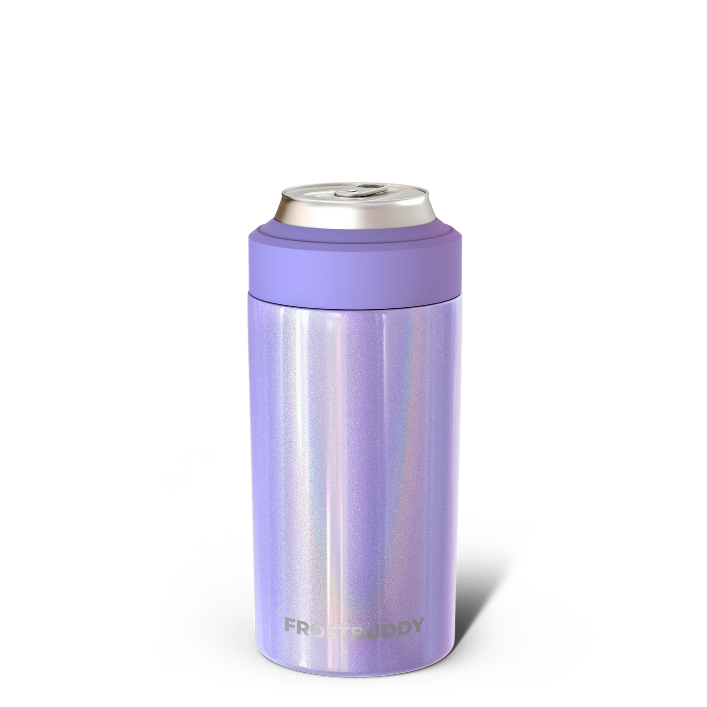 Doodlations Coffee Bar & Boutique Frost Buddy universal can cooler in iridescent purple with a lilac top.