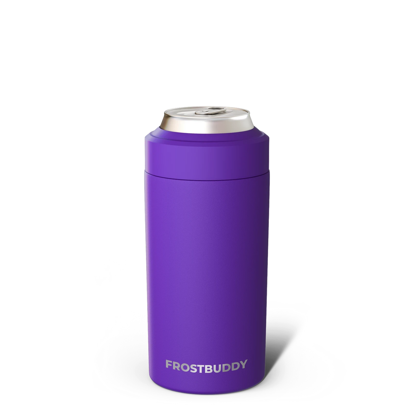 Doodlations Coffee Bar & Boutique Frost Buddy universal can cooler in vibrant purple, fits all 12oz and 16oz cans and bottles.
