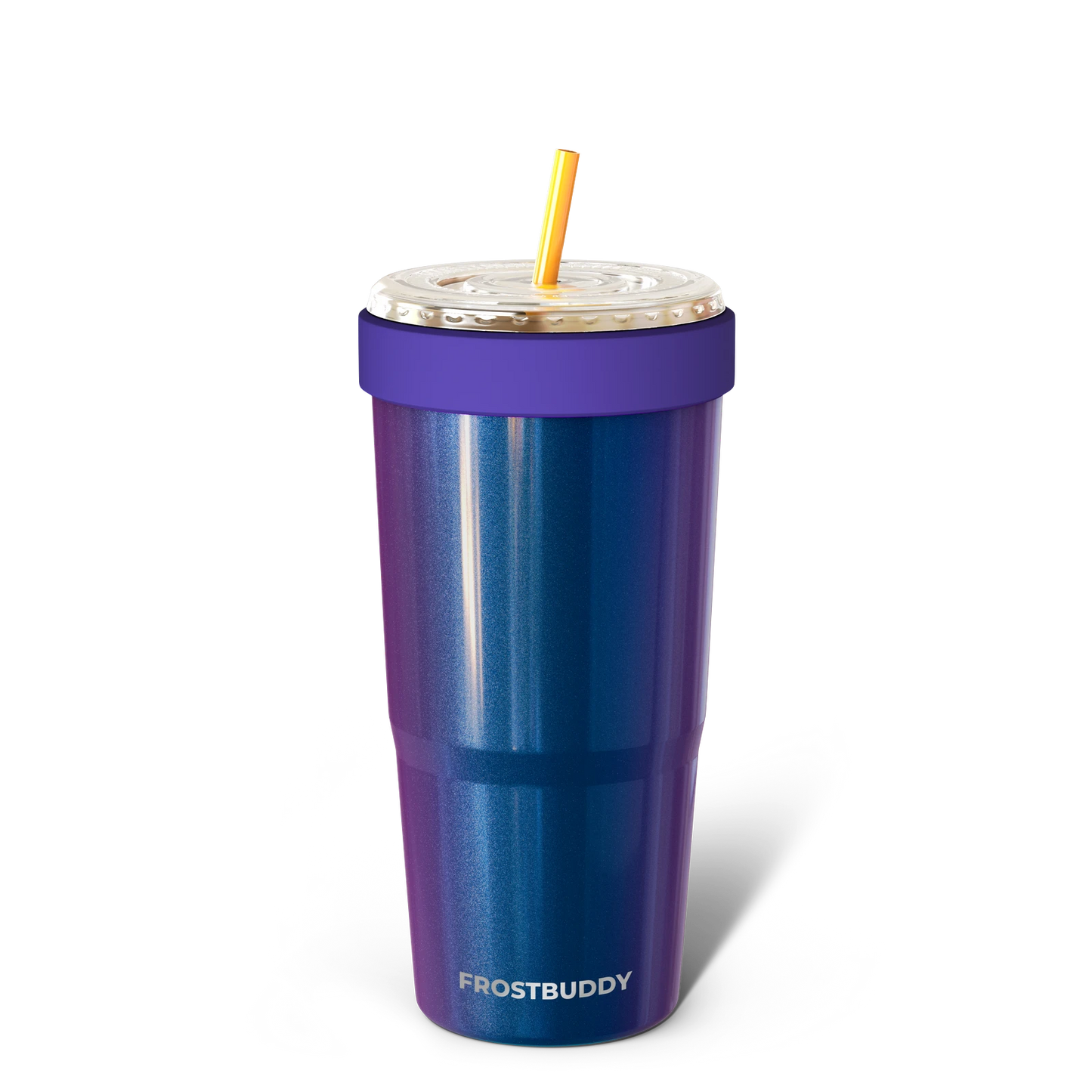 Doodlations Coffee Bar & Boutique Frost Buddy To-Go Buddy 32oz insulated tumbler in iridescent blue and purple with a purple band and yellow straw.