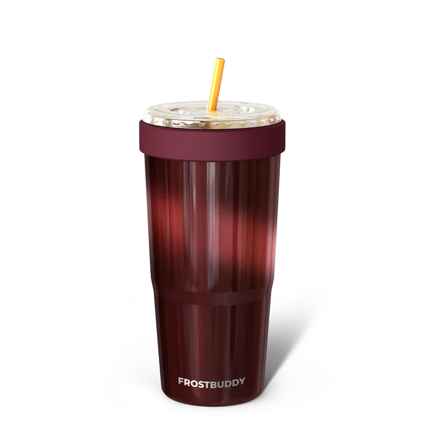 Doodlations Coffee Bar & Boutique Frost Buddy To-Go Buddy, a 32oz stainless steel tumbler in a gradient of red and maroon with a silver lid and yellow straw.