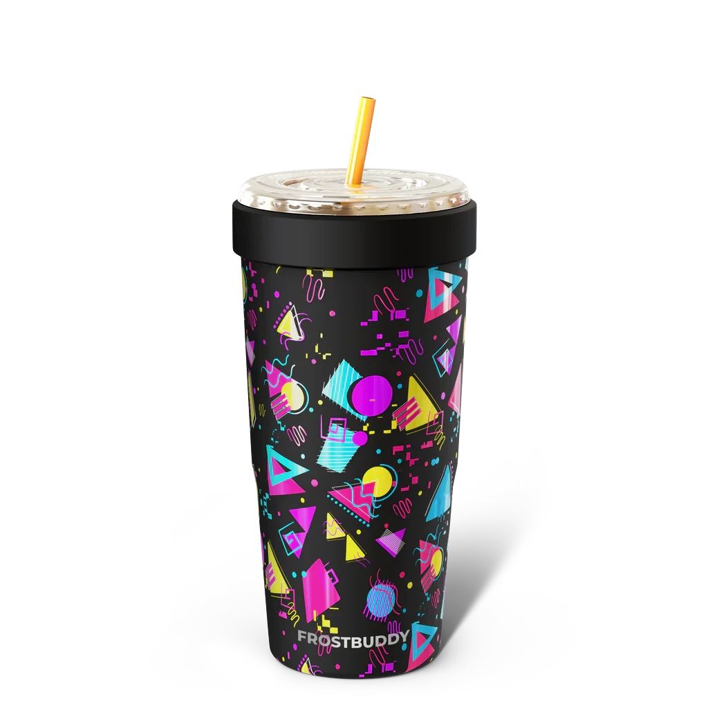 Doodlations Coffee Bar & Boutique Frost Buddy To-Go Buddy 32oz tumbler with 80s geometric pattern, yellow straw, and black lid.