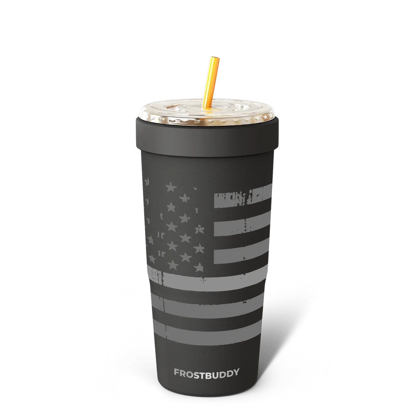Doodlations Coffee Bar & Boutique Frost Buddy To-Go Buddy tumbler with distressed American flag design and yellow straw.