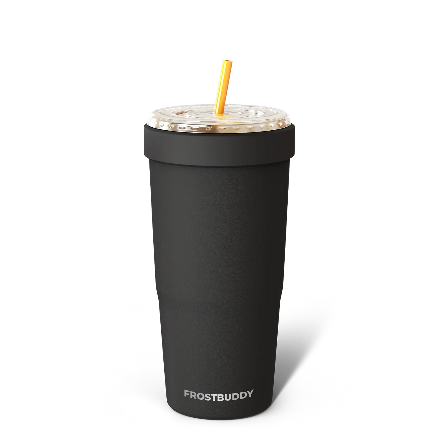 Doodlations Coffee Bar & Boutique Frost Buddy To-Go Buddy, black stainless steel tumbler with lid and yellow straw. Fits 32oz cups.
