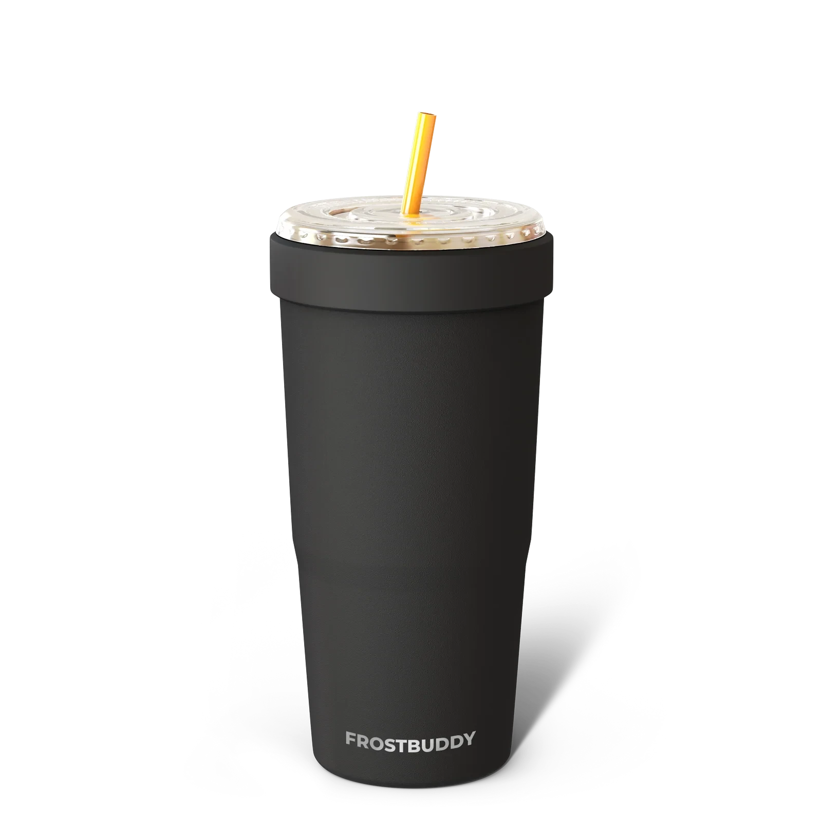 Doodlations Coffee Bar & Boutique Frost Buddy To-Go Buddy, black stainless steel tumbler with lid and yellow straw. Fits 32oz cups.