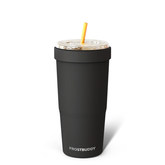 Doodlations Coffee Bar & Boutique Frost Buddy To-Go Buddy, black stainless steel tumbler with lid and yellow straw. Fits 32oz cups.