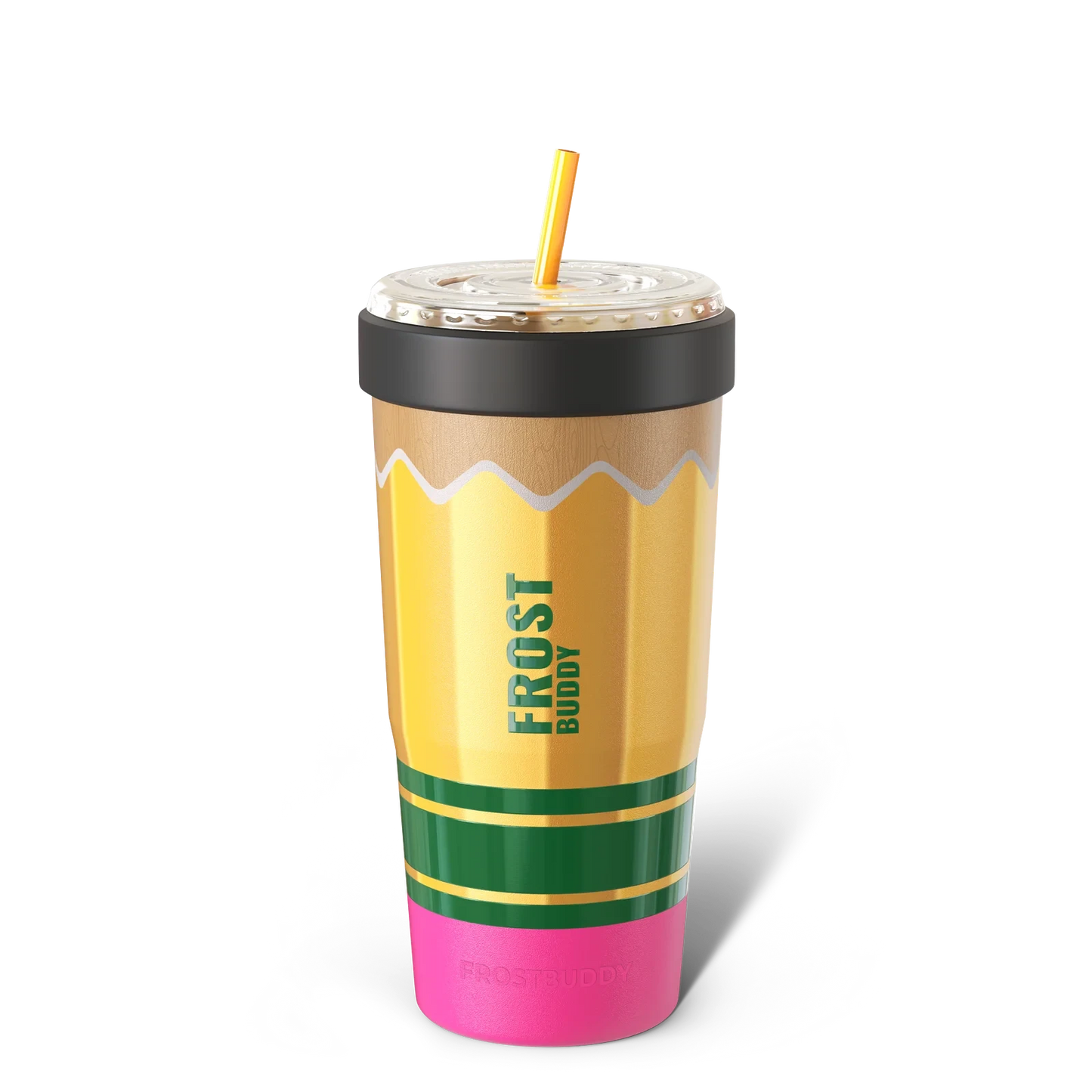 Doodlations Coffee Bar & Boutique Frost Buddy To-Go Buddy, yellow pencil design, stainless steel tumbler with straw