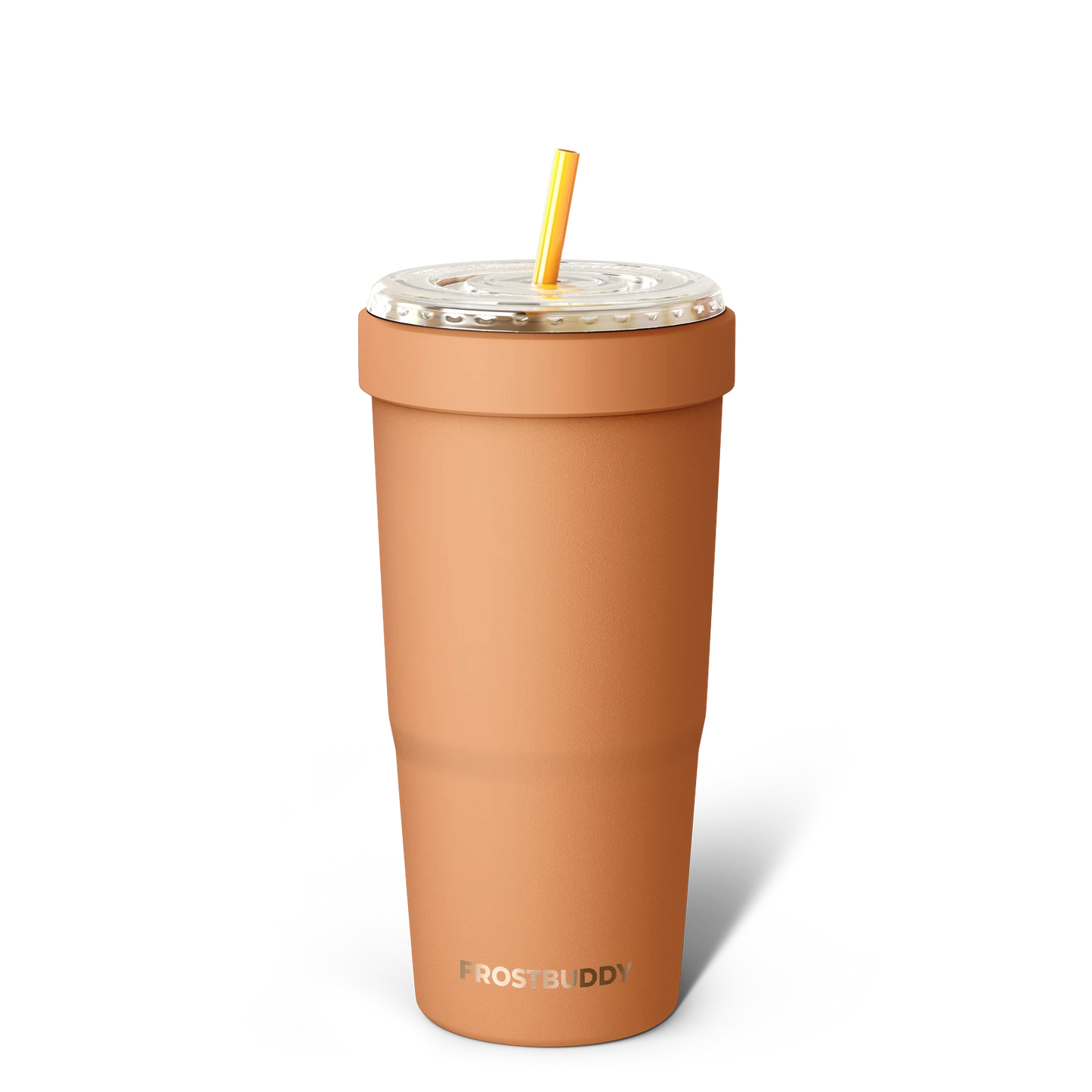 Doodlations Coffee Bar & Boutique Frost Buddy To-Go Buddy, a 32oz copper-lined stainless steel tumbler in terracotta orange with a clear lid and yellow straw.