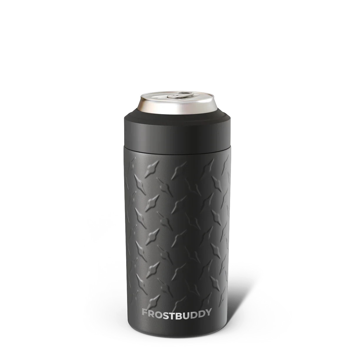 Doodlations Coffee Bar & Boutique Frost Buddy universal can cooler in black with diamond plate texture.