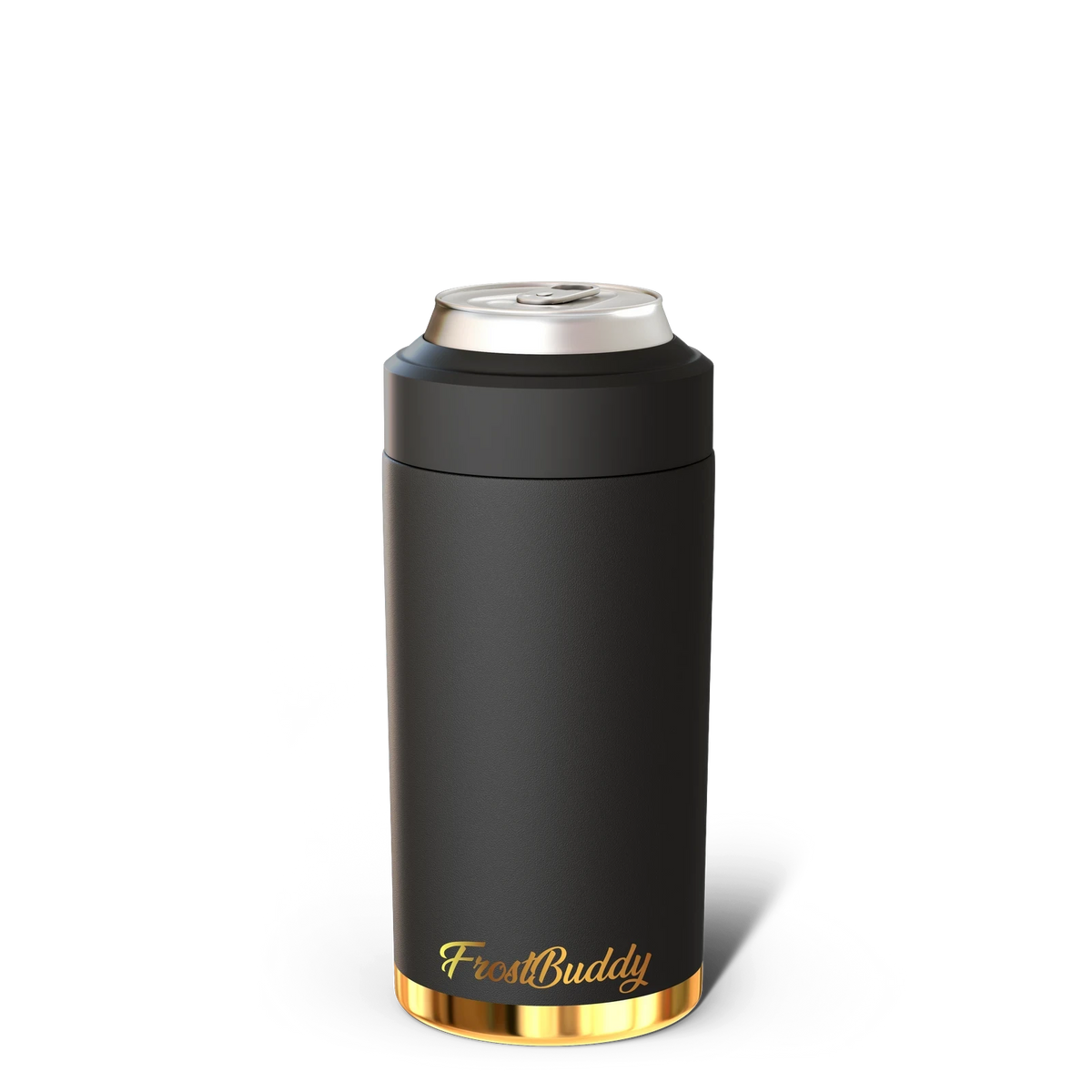 Doodlations Coffee Bar & Boutique Frost Buddy universal can cooler in black with gold trim and logo.