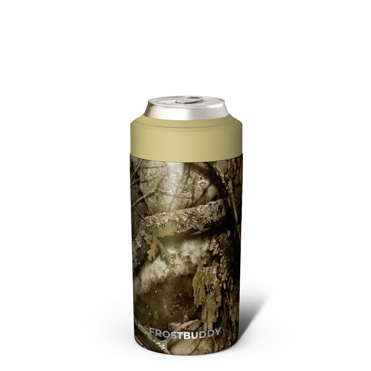 Doodlations Coffee Bar & Boutique Frost Buddy Universal Buddy can cooler in camouflage print with a tan rim.