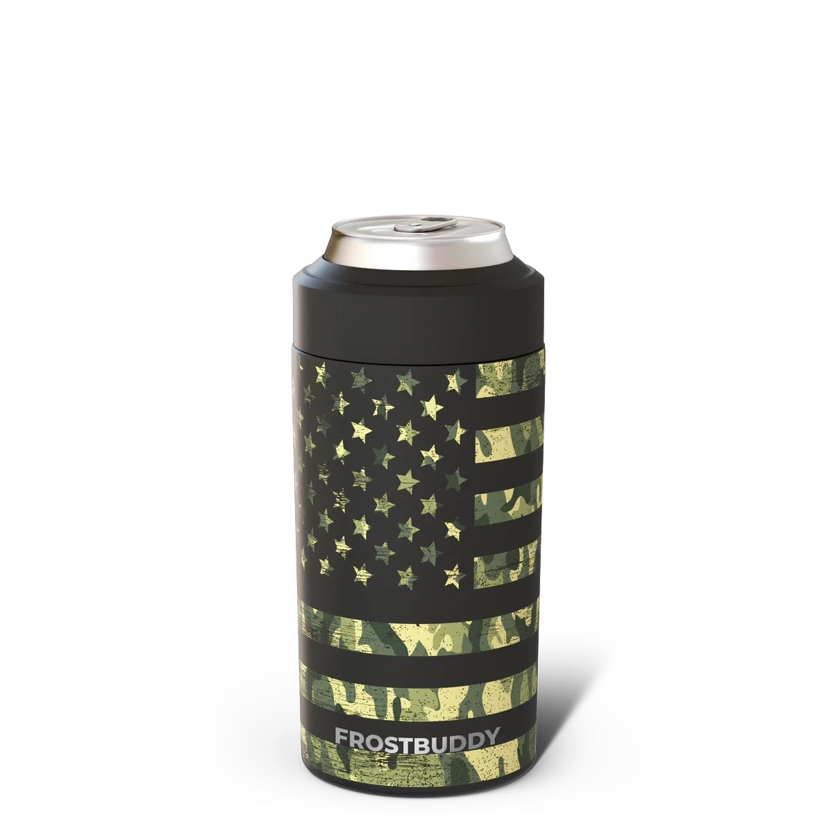 Doodlations Coffee Bar & Boutique Frost Buddy Universal Buddy can cooler with camouflage American flag design.