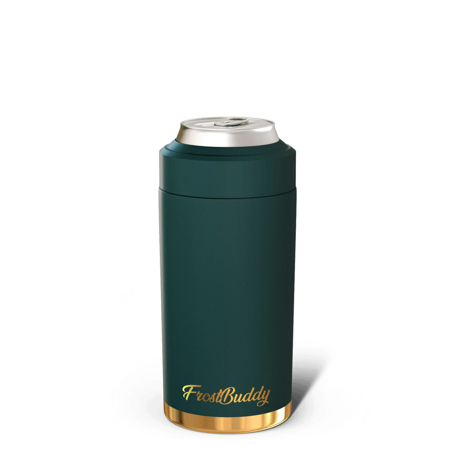 Doodlations Coffee Bar & Boutique Frost Buddy Universal Buddy can cooler in dark green with gold accents.