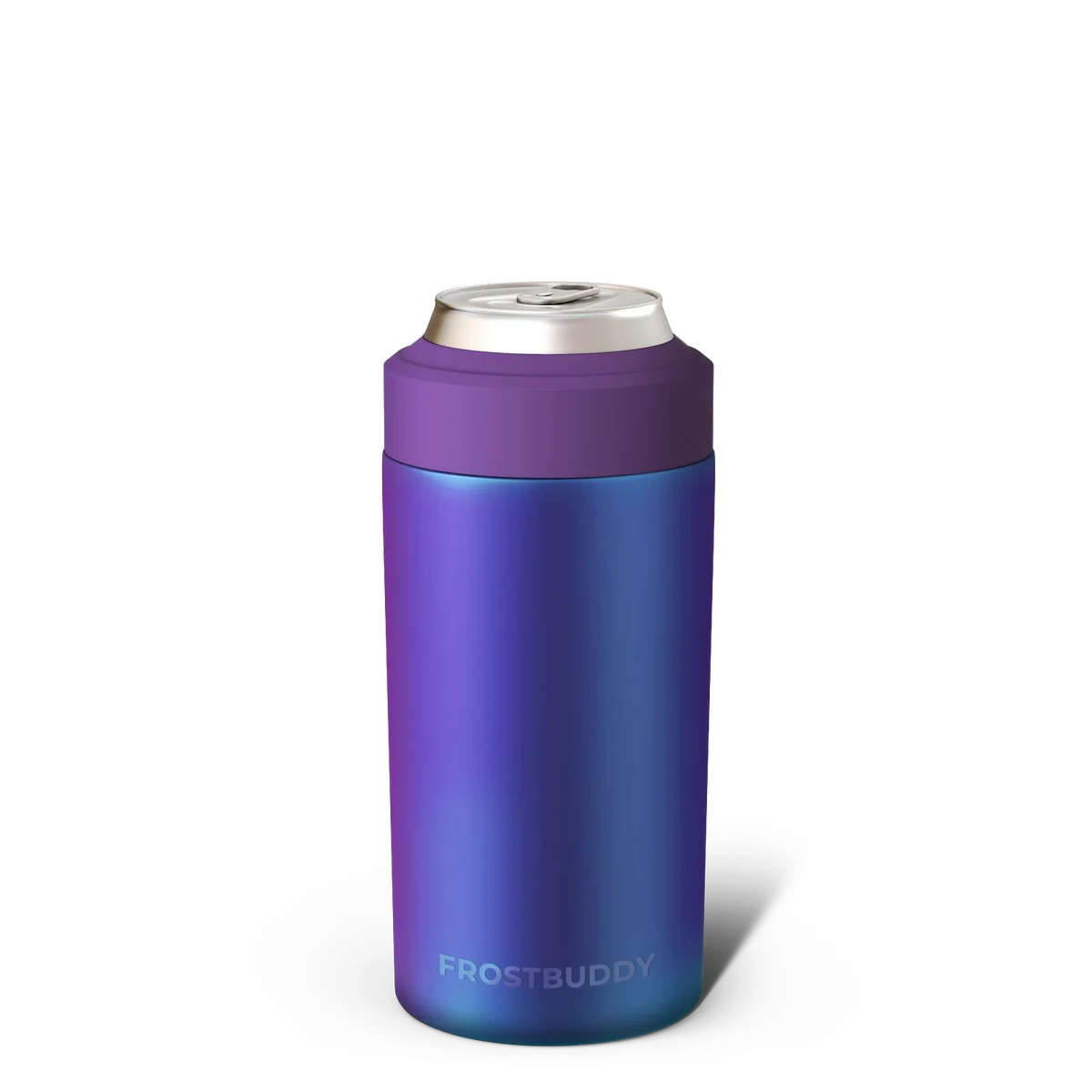 Doodlations Coffee Bar & Boutique Frost Buddy universal can cooler in iridescent blue and purple.