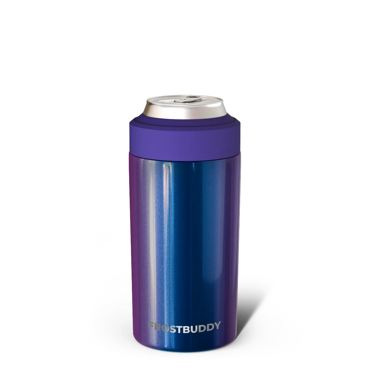 Doodlations Coffee Bar & Boutique Frost Buddy universal can cooler in iridescent blue and purple.