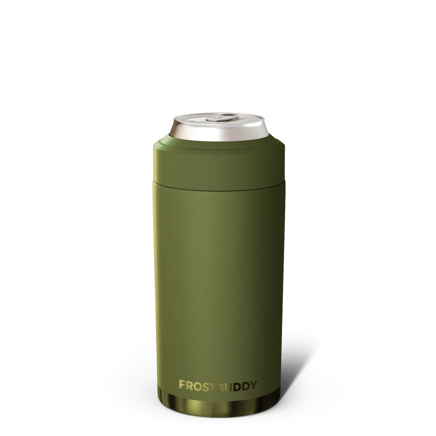 Doodlations Coffee Bar & Boutique Frost Buddy Universal Buddy can cooler in olive green with gold base.