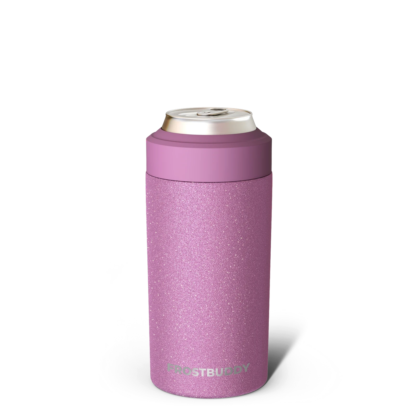 Doodlations Coffee Bar & Boutique Frost Buddy Universal Buddy can cooler in glittery pink with a lilac top, fits all 12oz and 16oz cans and bottles.