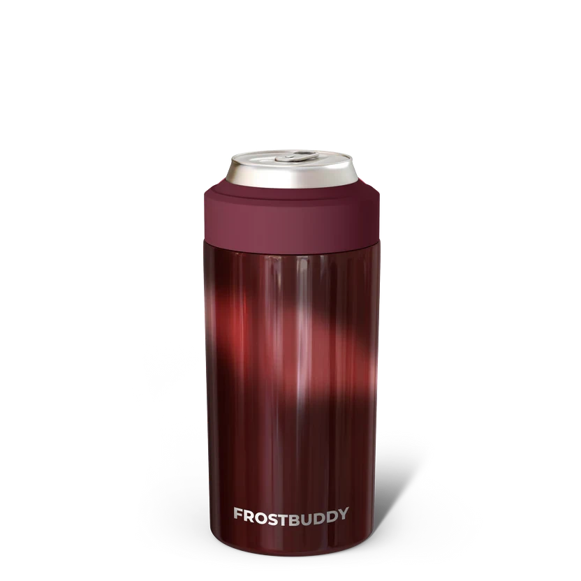 Doodlations Coffee Bar & Boutique Frost Buddy Universal Buddy can cooler in deep red with a maroon top.
